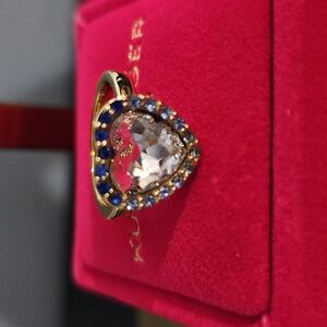 Gold Heart Ring with Clear Center Stone and Blue Crystal Halo